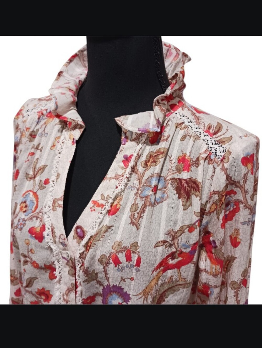Sundance Ruffle Collar Floral Pheasant Relaxed Blouse Lace Trim - Picture 4 of 13
